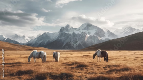 Horses in a pasture near mountains in Kazakhstan