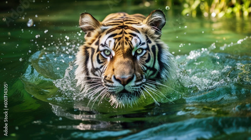 Siberian tiger in the water in the wild.