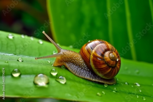 Small snail green water drop. Generate Ai