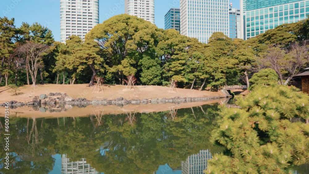 Hamarikyu Gardens is a natural park area in Shiodome District in Tokyo, Japan Hamarikyu Gardens is a natural park area in Shiodome District in Tokyo, Japan