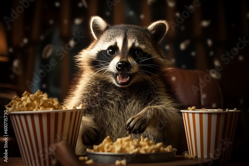 Movie night with a furry friend! A comical illustration of a raccoon eating popcorn, appearing as if it's enjoying a movie