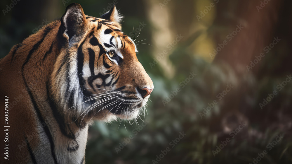 Naklejka premium Nature comes alive with a majestic tiger, embodying the essence of the jungle and wildlife through its striking features, powerful presence. Beauty and danger of this incredible big cat. Generative AI