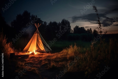 Campfire and tent as summer vacation in wild nature generative ai