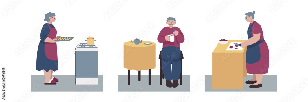 Illustrations set of elderly people do cooking, bake cookies, cut vegetables and drink tea Illustrations set of elderly people do cooking, bake cookies, cut vegetables and drink tea
