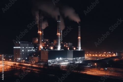 Charcoal power plant complex at industrial district with three smokestacks at night generative ai