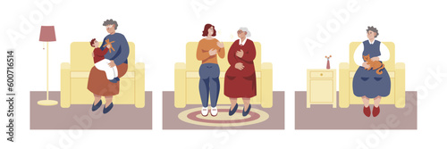 Illustrations set of grandmothers babysit grandson, talk to daughter and pet cat at home