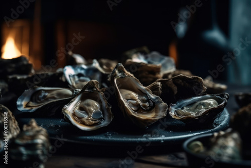 Fresh oysters on ice. Photorealistic illustration generative AI.