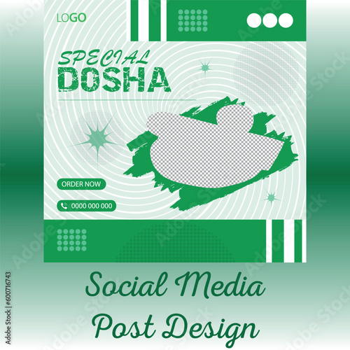 Fast food restaurant menu social media marketing web banner template design. dosa samoca roll  and healthy food business online promotion with square abstract background, logo and icon. Sale cover.