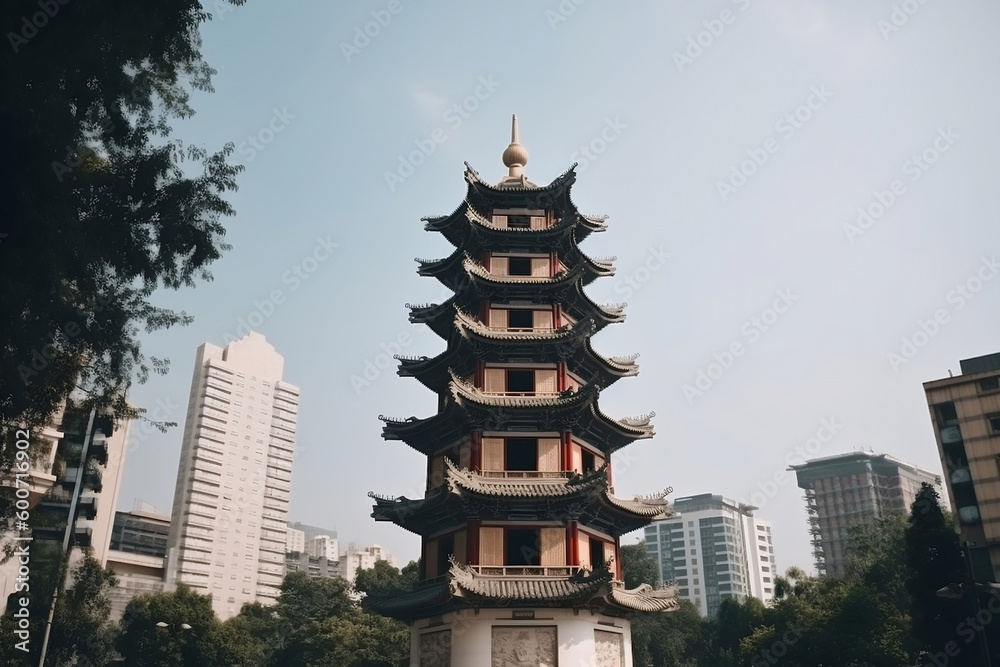 Chinese bell tower and city landmark building generative ai Chinese bell tower and city landmark building generative ai