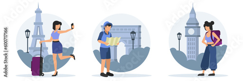 Flat style illustrations set of tourist recreation in popular places