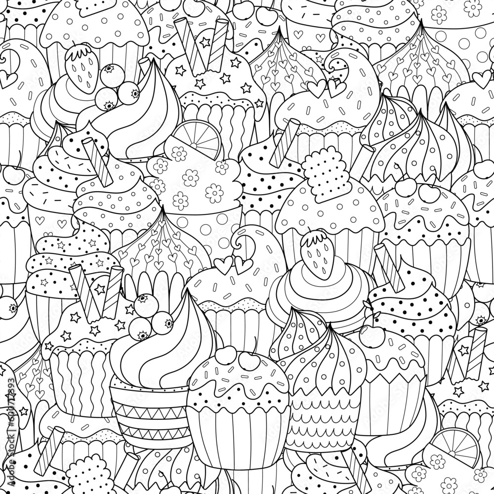 Doodle cupcakes black and white seamless pattern. Sweet cupcakes background for coloring book. Food outline print. Vector illustration