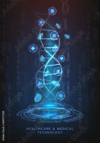 Healthcare technology and medical innovation digital technology background. Medical, science and technology concepts. Abstract futuristic design. Vector illustration.