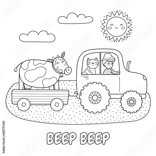 Beep beep black and white print with cute boy and cat on a tractor carrying a cow. Summer meadow coloring page in cartoon style. Vector illustration