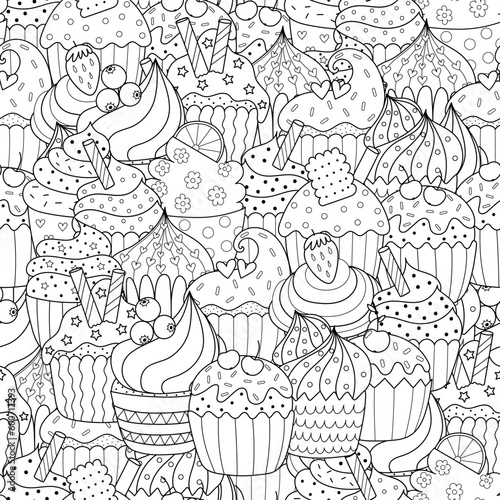 Doodle cupcakes black and white seamless pattern. Sweet cupcakes background for coloring book. Food outline print. Vector illustration