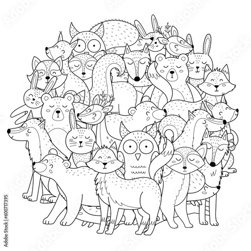 Cute forest animals circle shape coloring page. Woodland characters mandala for coloring book. Vector illustration