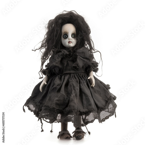 Scary little porcelain doll in a black dress. Created with Generative AI.