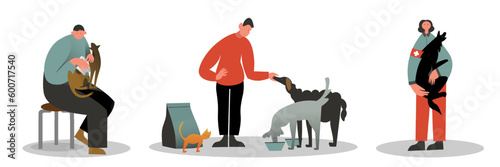 Volunteers helping animals cartoon illustrations set