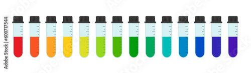 pH value scale chart for acid and alkaline solutions, acid base balance infographic. Visual comparison of the color, test solution with a standard color chart. Tubes with acid. Vector illustration