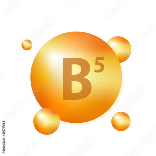 Vitamin B5 gold icon. Vitamin drop pill capsule icon. Pantothenic acid vitamin drops tablets capsules. Shining golden drop of essence. Beauty treatment nutrition skin care design. Vector illustration