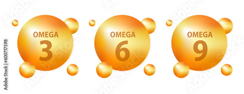 Set of gold drops icons Omega Three, Six And Nine. Polyunsaturated fatty Omega-3, Omega-6, Omega-9. Natural Fish, Organic Vitamin, Nutrient. Omega Fatty Acid, EPA, DHA. Capsules. Vector illustration