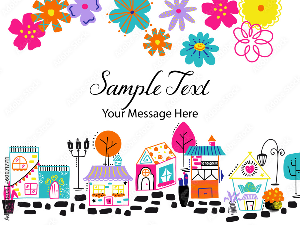 Fun Doodle Houses in Multicolor with Retro Flowers Vector Card Background