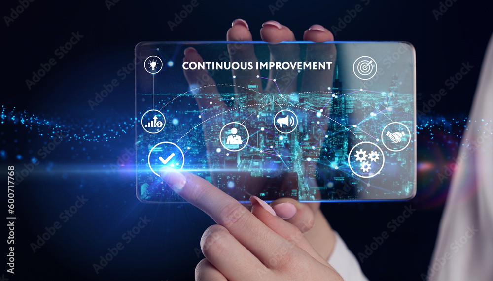 Business, technology, internet and network concept. Virtual screen of the future and sees the inscription: Continuous improvement. 3d illustration Business, technology, internet and network concept. Virtual screen of the future and sees the inscription: Continuous improvement. 3d illustration