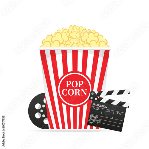 Movie poster concept. Composition with popcorn, clapper board and filmstrip. Cinema banner design for cinema. Movie time. Vector illustration