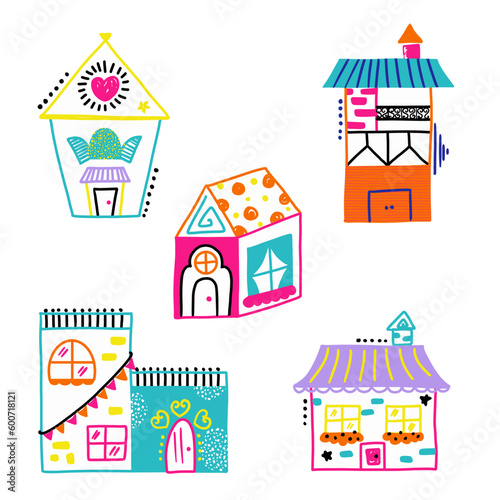 Fun Doodle Colorful Houses Vector Isolated Elements Set