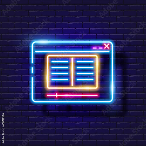 Online reading, audio reading, online education icon. Neon glowing vector illustration.