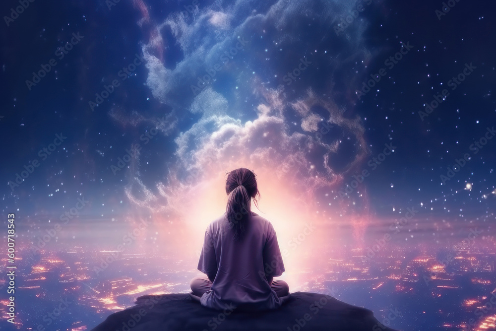 The girl sits with her back in a pose of meditation on the background of space. AI generative.