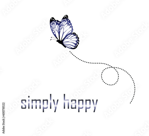 typography with simply happy text and butterfly with dashed trail on white background