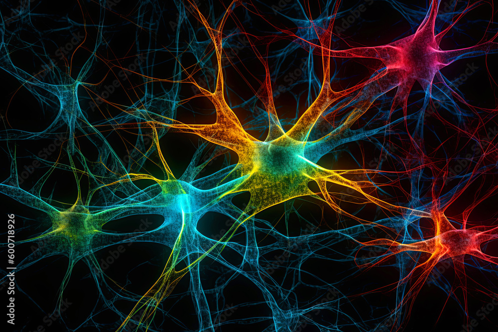 Illustration of neural cells with a light pulse on a dark background. Generative AI.