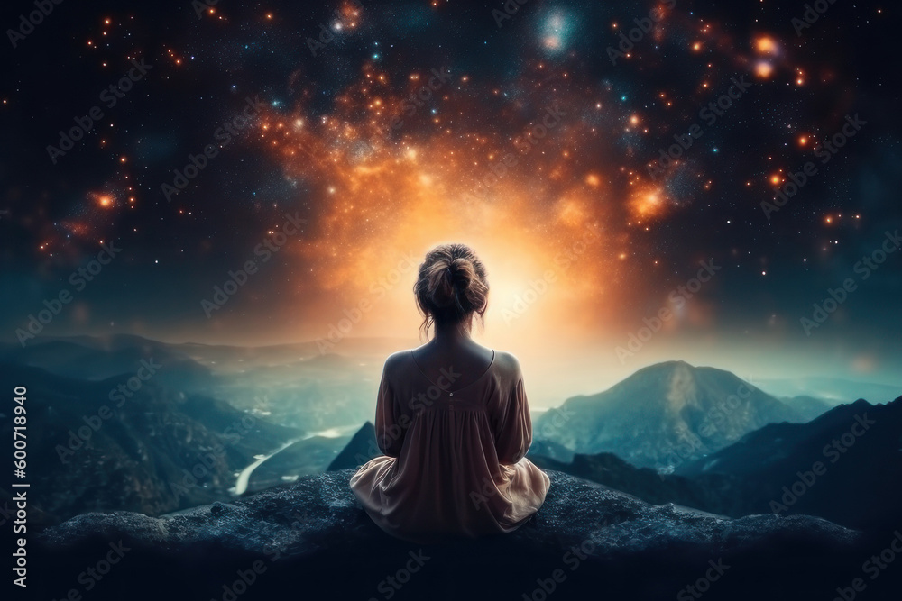 A woman sits with her back in a pose of meditation against the backdrop of space. AI generative.