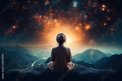 A woman sits with her back in a pose of meditation against the backdrop of space. AI generative.