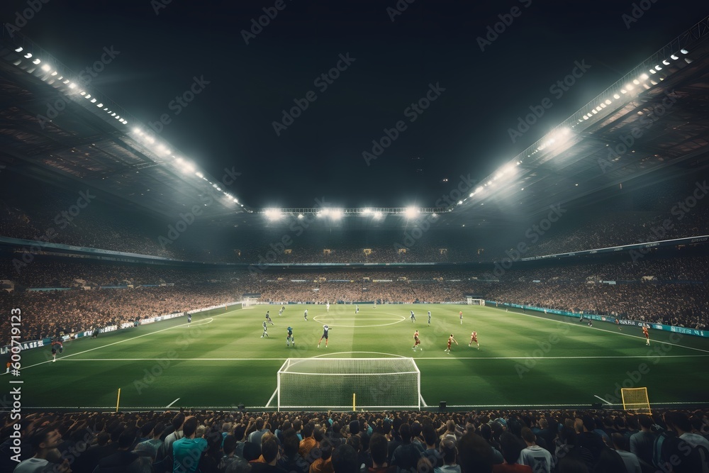 Nighttime football match under stadium lights , .highly detailed