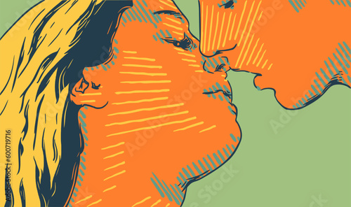 Couple kissing, love clip art, orange and green retro illustration in vector format