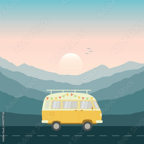 summer holiday on a road trip with camper van in the mountains