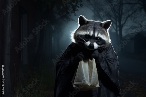 Papier peint Caught red-handed! A comical portrait of a raccoon wearing a burglar mask and ho