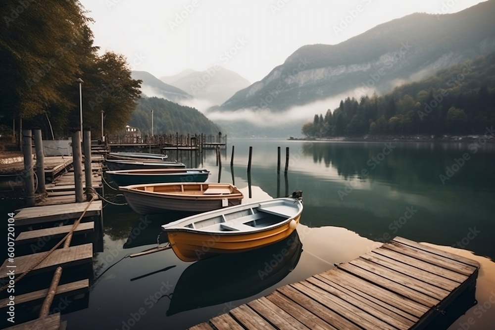 wooden boats moored on a lake in the mountains, in the style of agfa vista, dotted, italian landscapes, wimmelbilder, light gray and dark amber, nature-inspired, environmental