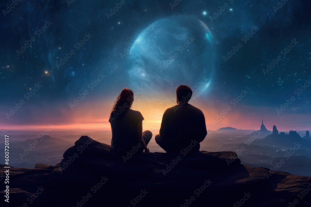 A woman and a man sit side by side against the backdrop of space. AI generative.