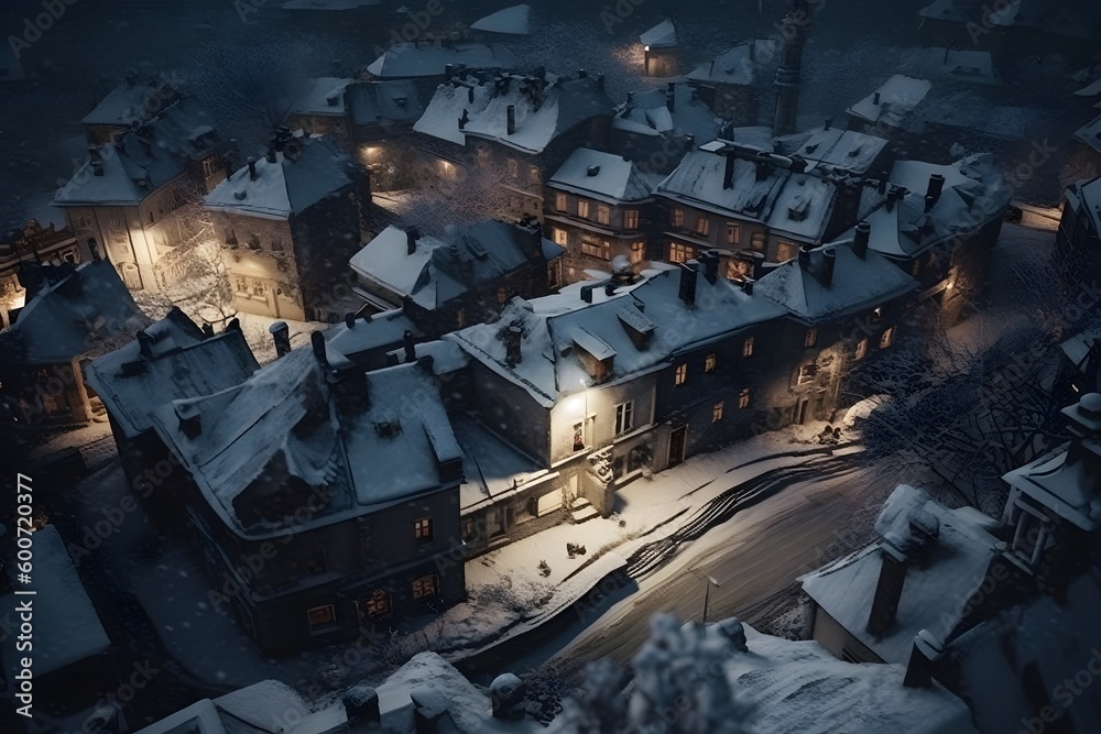 Winter town covered in snow. Tech-created. , .highly detailed,   cinematic shot   photo taken by sony   incredibly detailed, sharpen details   highly realistic   professional photography lighting   li - obrazy, fototapety, plakaty 
