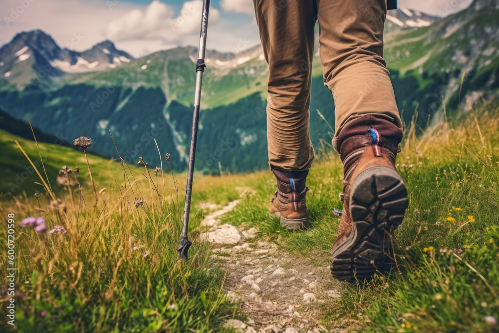 Back view of a man hiking in a summer mountains with trekking poles, Generative AI