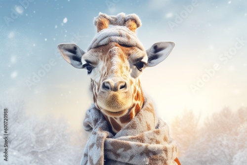 Winter fashionista! A hilarious portrait of a giraffe wearing a scarf and beanie, comically attempting to stay warm in a snowy landscape with frosted trees