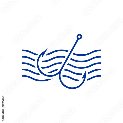 Logo de pesca. Anzuelo doble de pesca lineal con olas de mar