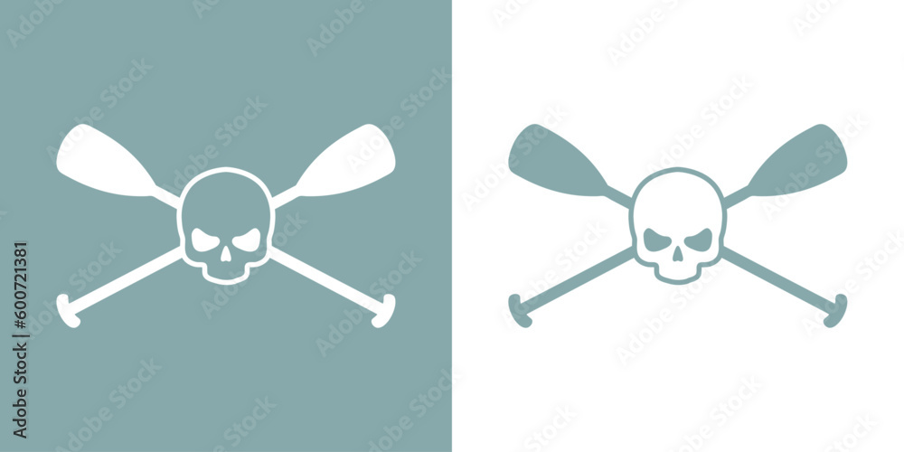 Logo club de piragüismo. Símbolo pirata con silueta de cráneo con remos cruzados de kayak, canoa o paddle surf Logo club de piragüismo. Símbolo pirata con silueta de cráneo con remos cruzados de kayak, canoa o paddle surf