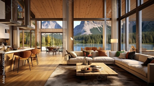 a modern and luxurious open-plan living room and kitchen interior with a view of a lake and alpine landscape, lodge style,  AI rendered © Kazia