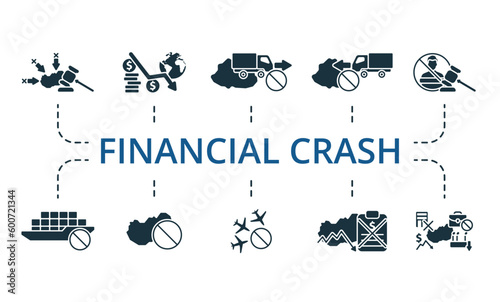 Financial crash set. Creative icons: sanctions, financial crisis, export ban, import ban, impeachment, logistic crisis, embargo, air traffic ban, economic default, economic crisis.