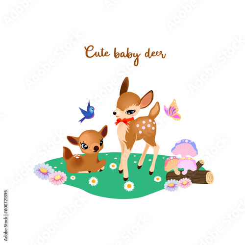 Cute baby deer character set of objects. Collection of design elements with baby deer, plants, flowers.