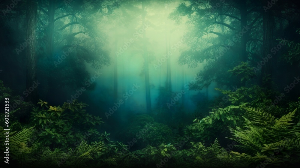 Scary and foggy forest background with empty space, Generative AI