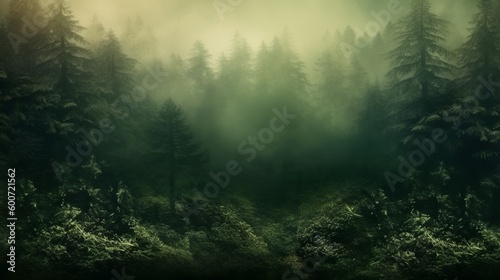 Scary and foggy forest background with empty space, Generative AI © nikolettamuhari